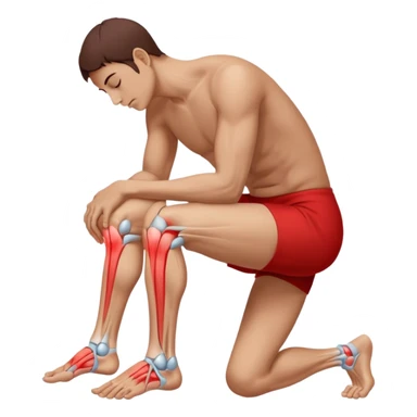 A person sitting and holding their knee, showing pain or inflammation. A red area highlights the joint to indicate soreness. Realistic photography style with clear detail on hands, knee, and muscle tension, plain white background for medical illustration use. sticker