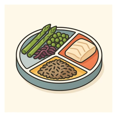 Harvard plate, half with asparagus, peas, and red cabbage, one quarter with baked cod protein, one quarter with wild rice complex carbs, 2D isometric illustration style sticker