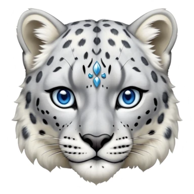 Cinematic-Noble-Snow-Leopard-Portrait-Emoji – Poised and majestic, with a muscular, agile build and a beautifully patterned coat of soft white and grey fur, marked with striking rosettes, deep-set, intelligent icy blue eyes, simplified yet sharp and sophisticated zoomed out showing the shoulders sticker