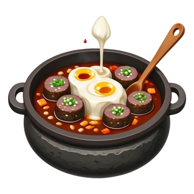 bubbling bowl of Korean sundae gukbap with soup and pieces of blood sausage visible in hot stone pot sticker