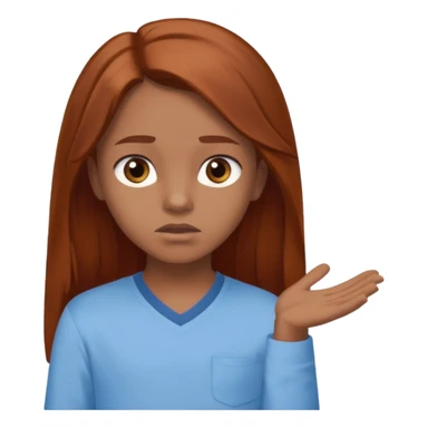 shrugging emoji brown eyed tween long auburn hair light blue shirt with a darker blue L sticker