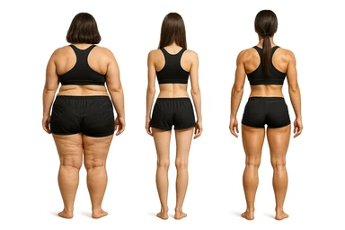 fai una donna di spalle in gym shorts leggermente sovrappeso e con cellulite e accanto una seconda donna di spalle magra (che è dimagrita post dieta) e accanto una terza donna in forma allenata e con le giuste proporzioni, l'immagine deve rappresentare il processo: da donna grassa, a donna piatta e magra, a donna allenata e in forma con i giusti muscoli, iperrealistico 4k sticker