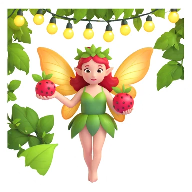 A fairy with wings, holding a red fruit with a leaf on her head, surrounded by green leaves and hanging lights. sticker