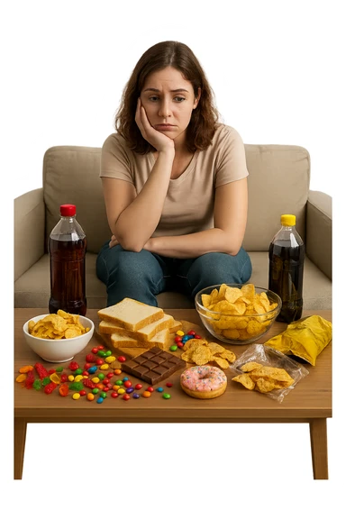Donna tra i 25 e i 35 anni seduta sul divano o a un tavolo disordinato, circondata da cibi sparsi e poco sani: patatine, dolci, pane bianco, snack confezionati, bibite. con insulino resistenza sticker