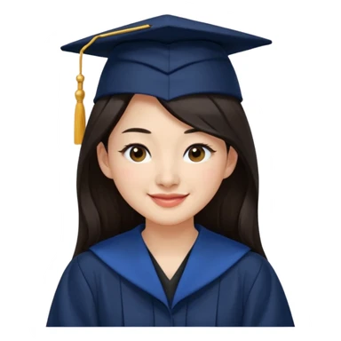 带着学士帽的，深棕色长发，黄种偏白皮肤的，高鼻梁，不戴眼镜的女博士生，在单只眼眨眼并开朗的笑，年龄26岁，学士服全身深蓝色短绒质地，但是黑领子， sticker