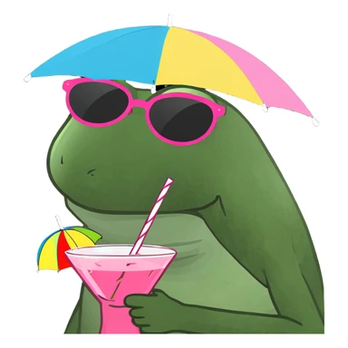 bufo frog with a rainbow umbrella hat, wearing round sunglasses, holding a pink cocktail sticker