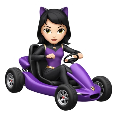 full size real-appearance road glowing racing sexy buxom CatWoman’s feminine midnight-colored tight outfit sixty’s tv show dark stealthy accurate sporty safe plush deluxe off-road pursuit drifting car jaguar (black hair,reclined and relaxed torso and shoulders back seating position) cross kart  sticker