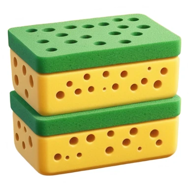 two kitchen sponges, rectangular with rounded edges, stacked or overlapping, yellow porous base, green scrub top, springy texture, tiny holes, no soap or hands, no faces, clean 3D, soft shadows, transparent background, emoji scale sticker