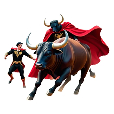 ​Cinematic Realistic black charging bull, against a matador depicted in a flowing red cape, captured in the dramatic moment of confronting a charging bull in a traditional bullring, rendered with dynamic motion and dramatic lighting that encapsulates the intensity and artistry of the spectacle, sticker