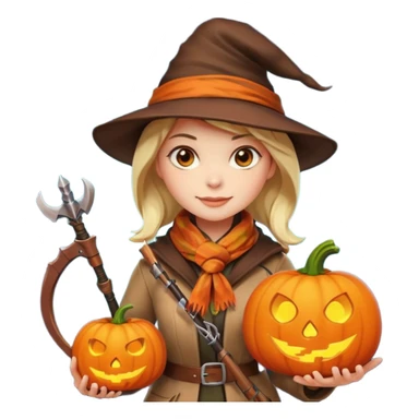 female human monster hunter emoji, wearing brown coat and hat, holding crossbow, soft smile, scarf, glowing pumpkin by her side, Halloween fantasy style, clean vector Apple emoji look, bright colors, white background, square sticker