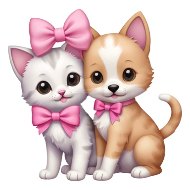 a kitten and a puppy together with a pink bow sticker
