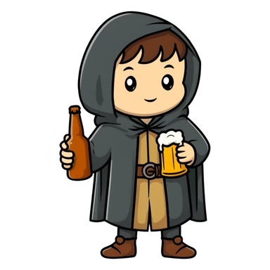 young medieval pilgrim with cloak and beer bottle sticker