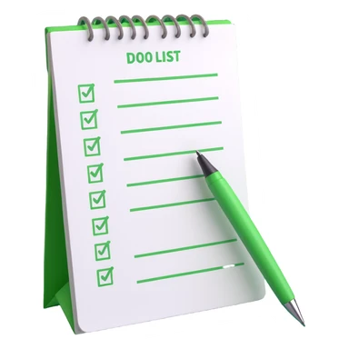 3D style to-do list with all items checked off in green, pen resting beside the list, soft shadows, realistic details sticker