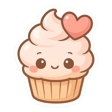 chibi sticker-style cupcake with a heart accent, cute and exaggerated sticker