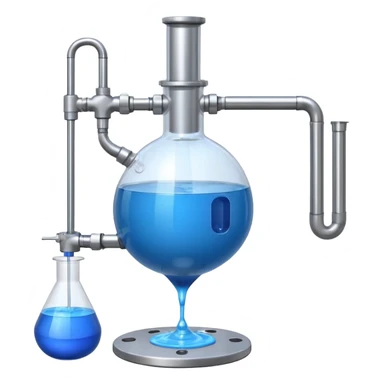large laboratory reactor vessel, filled with blue liquid, with a stirrer, inlet and outlet sticker