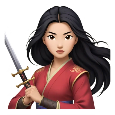 Cinematic Realistic Mulan Portrait, depicted with lifelike skin texture, soft natural lighting, and intricately detailed long black hair styled elegantly. Her deep, expressive eyes exude determination and grace, complemented by a serene yet confident expression. She stands with one hand resting on the hilt of her sword, the other by her side, exuding strength and poise. She is dressed in her classic attire, with rich fabric textures and delicate folds that catch the light beautifully. The portrait features a soft, enchanting glow with a natural, radiant finish, capturing the essence of timeless strength and beauty in a realistic and painterly style, evoking a sense of depth and authenticity. sticker