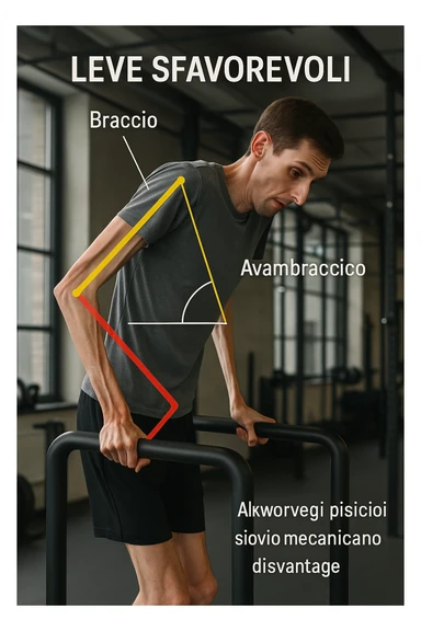 a tall, lean man with very long arms and a short torso attempts a dip on parallel bars. His elbows are deeply bent and his body appears awkwardly positioned, highlighting the mechanical disadvantage. An overlay shows anatomical lines and angles, with labels explaining “Leve Sfavorevoli” The background is a modern gym, with a focus on biomechanics. in italiano sticker