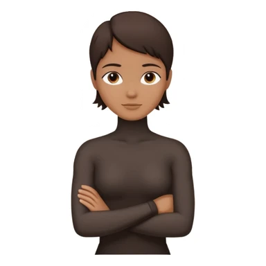 Minimalist human silhouette, upper body only, arms crossed, no facial features, solid dark shape, flat icon style, centered, transparent background sticker