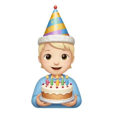 cute baby wearing birthday hat with birthday cake sticker