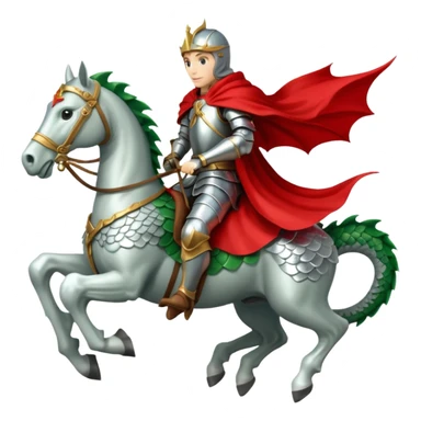 A knight in silver armor with a red cape, riding a white horse atop a green dragon. sticker
