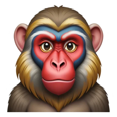 Cinematic Noble Mandrill baboon Portrait Emoji, Poised and regal, with a striking, powerful build and a vivid, deep-set soulful eyes, Simplified yet sharp and sophisticated features, highly detailed, glowing with a vibrant, dignified glow, high shine, intelligent and commanding, stylized with an air of exotic majesty, focused and attentive, soft glowing outline, capturing the essence of a watchful and confident primate, so majestic it feels as though it could step out of the screen with effortless authority! sticker