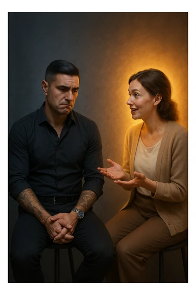 Uomo tra i 30 e i 40 anni seduto su una sedia, sguardo dubbioso, con le mani incrociate in grembo. Di fronte a lui, una donna calma e gentile gli parla e gli offre una soluzione con gesto aperto. Intorno a lei, un’aura luminosa. Intorno a lui, la sua aura maschile si affievolisce, come se stesse perdendo forza interiore. L’uomo appare indeciso, la postura è passiva. Ambientazione neutra, toni simbolici, atmosfera silenziosa. Luci fredde e calde in contrasto. Stile realistico con accenti metaforici sticker