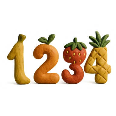 soft and sculpted claymation style numbers as fruit sticker