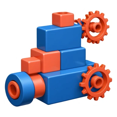 Modern minimal emoji: building blocks + connection flows + gear. Deep blue and coral colors. Professional no-code expert signature. Geometric clean style. sticker