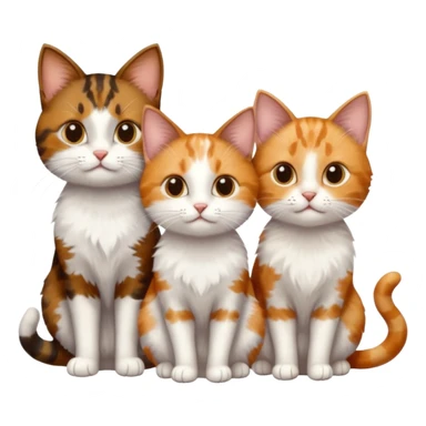 3 different coloured small cats including a dark brown tabby and white, and a patchy calico, and a ginger and white sticker