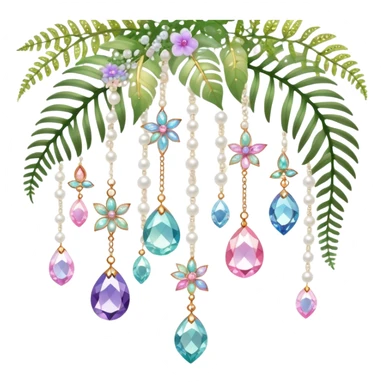 Exotic romantic pretty pastel Few cute tiny Iridescent glistening glossy sparkly shiny glittery hanging crystals pearls and beads and gemstones scenery scenic decorations with vines and ferns and flowers sticker