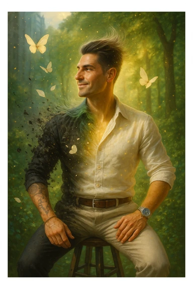 Trasformazione cinematografica: uomo d'affari in giacca sintetica nera che si sfalda come cenere, mentre da dentro emerge una nuova versione di sé vestita di lino color avorio, farfalle che nascono dalle fibre di cotone biologico, petali di fiori che si trasformano in bottoni di madreperla, capelli che diventano più folti e luminosi al contatto con tessuti naturali, pelle che letteralmente respira vapore dorato, city background che si trasforma in foresta rigogliosa, slow motion epico con particelle di luce danzanti sticker