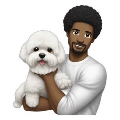 white man black hair,  rapper flexing with a bichon sticker