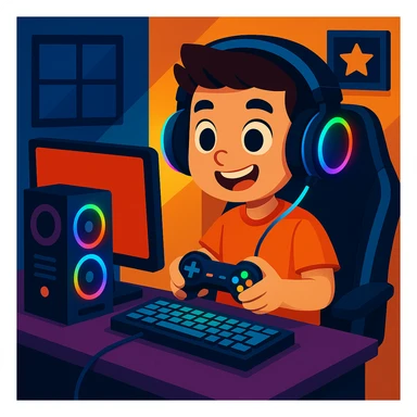 Add headphones and LED lights to the young boy with a gaming setup in a modern and fun style. sticker