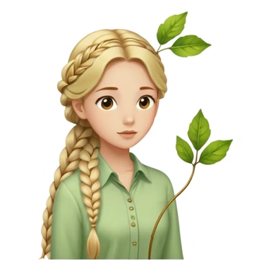  A girl with a long braid, a golden hairpin shaped like a leaf, and a light green blouse, breathing in the spring air. sticker