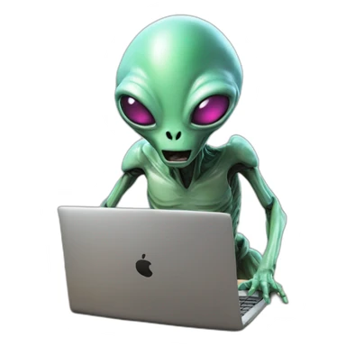 An alien tech using a laptop sticker