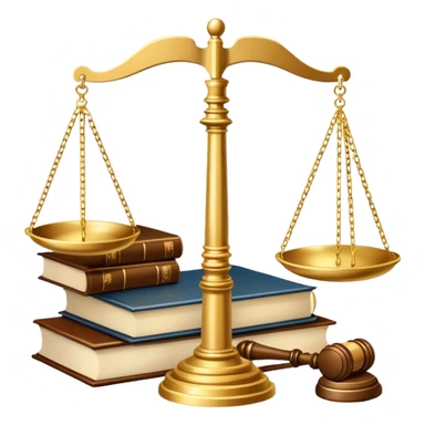 An icon featuring scales of justice, a gavel, and a legal book, symbolizing the study of law. The design includes courthouse pillars in the background, representing authority and legal systems. Transparent background highlights the principles of justice, order, and legal education. sticker