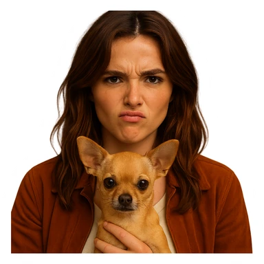 Create a centered portrait for an Instagram profile inspired by the facial features visible in the reference images of Zoe Deutch. The subject has a tanned complexion with subtle freckles, wearing a shirt in color #FFF8CA and a rust-colored jacket. Hair is medium-length brown with auburn highlights. The expression is rebellious and playful. The subject is holding an expressive and cute beige-brown chihuahua. The style is inspired by a Netflix series with an intimate and expressive atmosphere reminiscent of Tenerife. The background should be transparent. sticker