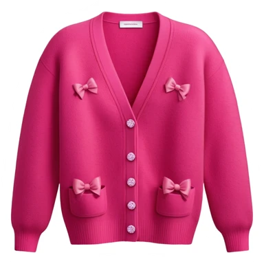 red cashmere cardigan with 8 tiny pink bows all over front and sleeves, realistic 3d isolated, soft texture sticker