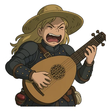 A female bard , blond hair, wearing brigandine armor with a sturdy straw hat, playing a fat medieval lute and singing, night time shadows, tool belt with red potion and bandages, mischievous grin, anger sticker