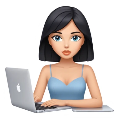 Glamours tanned very beautiful girl with pump peach nude lips and black straight smooth medium length hair, blue-grey eyes with MacBook sticker