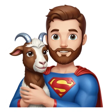 Adult Superman with redish brownish full beard with his arm around a glitter blue happy goat sticker