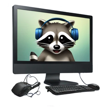 raccoon crying in front of a monitor and pc with gaming headset on sticker