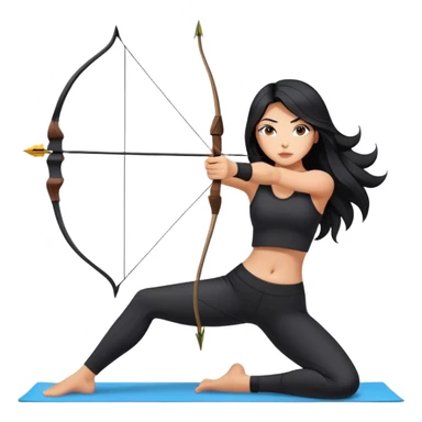 woman tanned long black hair, shooting arrow , black yoga clothes sticker