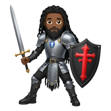 African American with long black dreadlocks with black beard wearing a black knight amour wearing wearing black Air Force 1 low top shoes holding a shield and a double edge sword sticker
