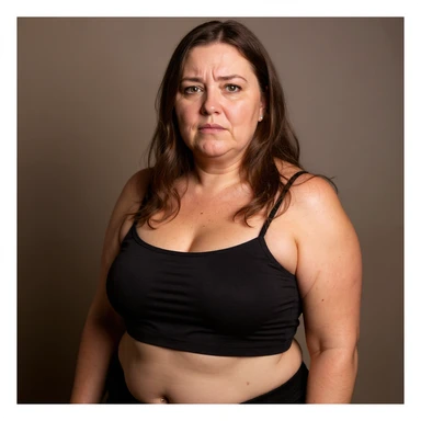 Create a realistic version inspired by the reference photo: a woman with significant cellulite, visible face with a desperate and tired expression, similar pose to the photo, neutral background. sticker