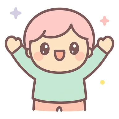 cartoon figure with hands up, excited expression, kawaii style sticker