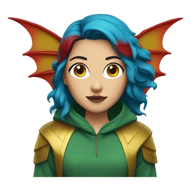 Lady with brunette and blue hair, gold, green dragon wings, maroon hoodie, black and gold Nike t shirt, and bright red eyes sticker