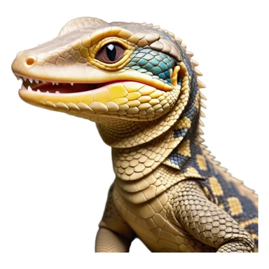 Cinematic Cute Yawning Monitor Lizard Portrait Emoji, Head tilted slightly with a dramatic, wide-open yawn, showcasing textured, patterned scales and sleepy, half-closed eyes exuding relaxed charm, Simplified yet irresistibly adorable features, highly detailed, glowing with a soft, cozy glow, high shine, relaxed yet expressive, stylized with a dash of whimsical wildness, soft glowing outline, capturing the essence of a drowsy yet affectionate reptile that appears ready to stretch out for a nap! sticker