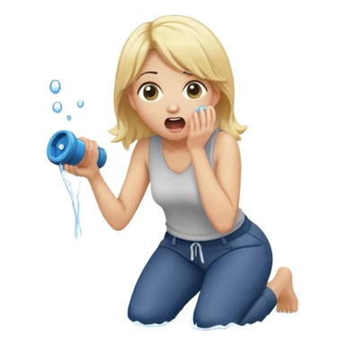 cartoonish blond woman kneeling, surprised expression, wide cartoonish stick with a D-shaped knob coming out of a pair of pants hanging in front of her face, water stream squirting from the flat side of the knob into her open mouth sticker