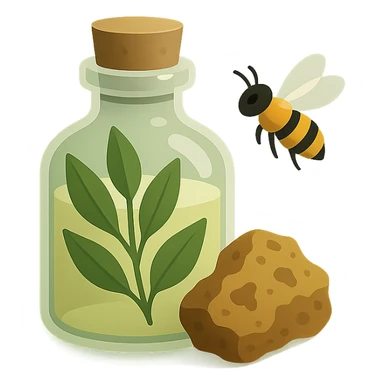 macOS application icon for a herbal therapy CRM, featuring a glass bottle with herbal leaves and a piece of propolis, a bee nearby, soft shadows, green and earth tones, modern and minimal style, no text sticker